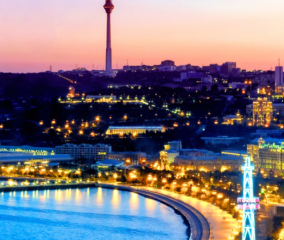 azerbaijan aerial image with flame towers view and the lake.