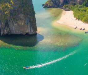 Thailand beach with boats and aerial view