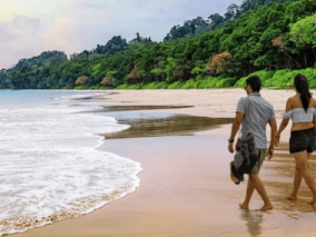 A couple walking on the beach holding hands