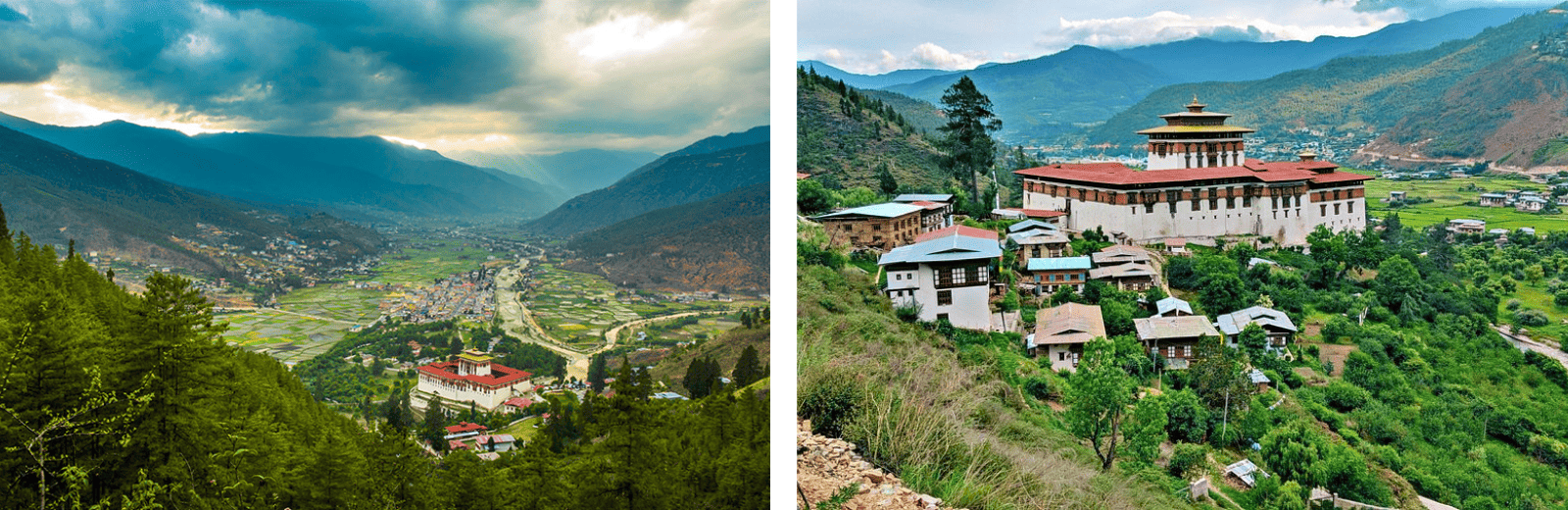 Two images showcasing a picturesque mountain village and a charming house nestled among the hills.